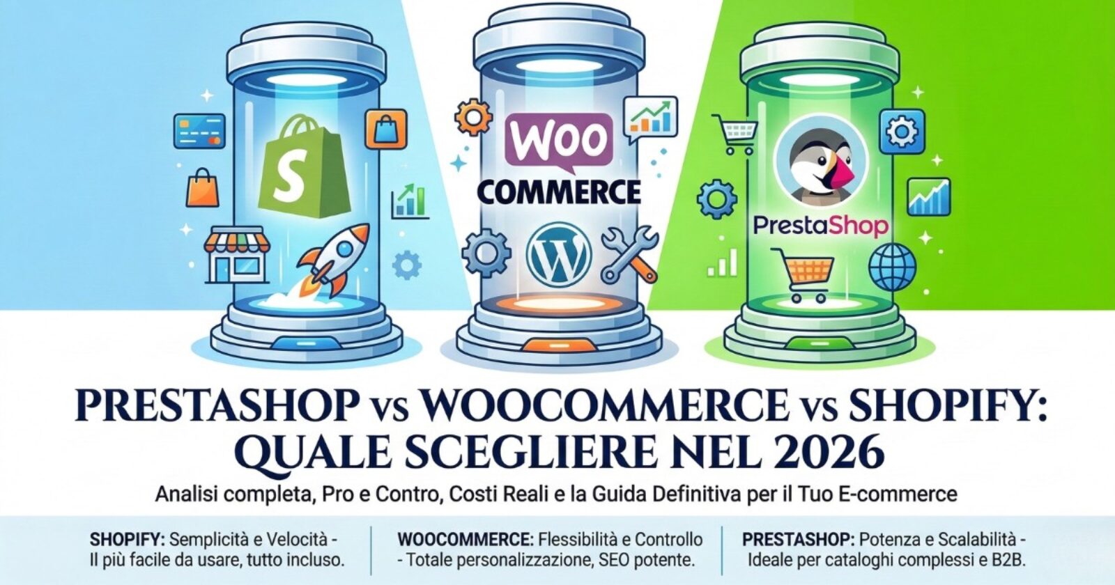 PrestaShop WooCommerce Shopify confronto